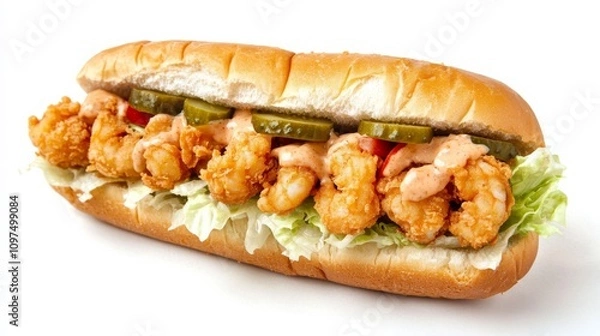 Fototapeta A perfectly assembled shrimp po' boy sandwich with crispy fried shrimp, shredded lettuce, sliced tomatoes