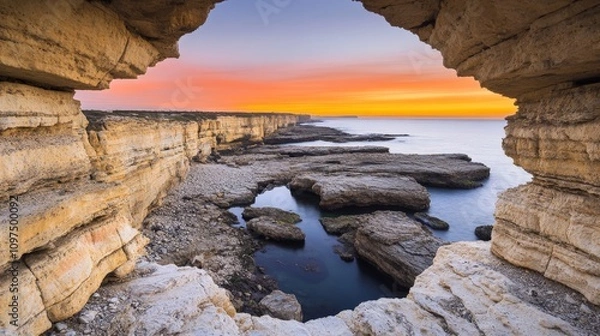 Fototapeta Coastal Sunset Through a Rock Arch:  A mesmerizing view of a stunning sunset over the Mediterranean Sea, captured through the natural frame of a rocky archway.