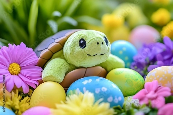 Fototapeta A turtle plush toy surrounded by colorful eggs and spring flowers in an Easter celebration