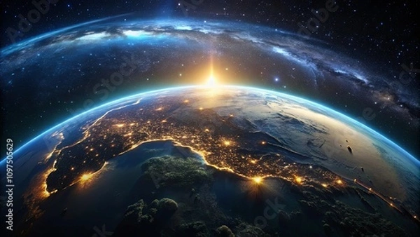 Fototapeta A breathtaking view of Earth from space, showcasing the vibrant glow of city lights against the backdrop of a majestic galaxy.