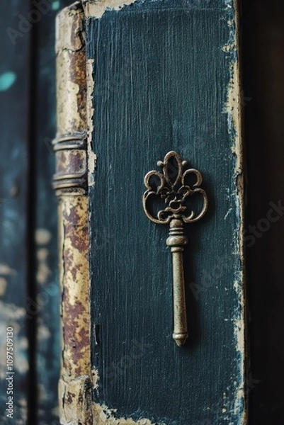 Fototapeta Manuary Antique skeleton key on old weathered book cover concept for mystery and history themes