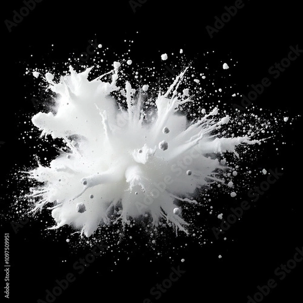 Fototapeta Macro shot of individual particles of white powder exploding on black background with intricate details, micro, cloud, highlights, particles, blur