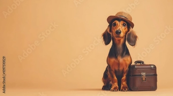 Fototapeta A dachshund wearing a hat sits beside a vintage suitcase on a plain background.