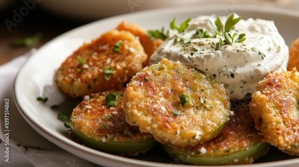 Fototapeta Fried Green Tomatoes with Whipped Herb Chevre Crispy fried green tomatoes with herb dip on white plate
