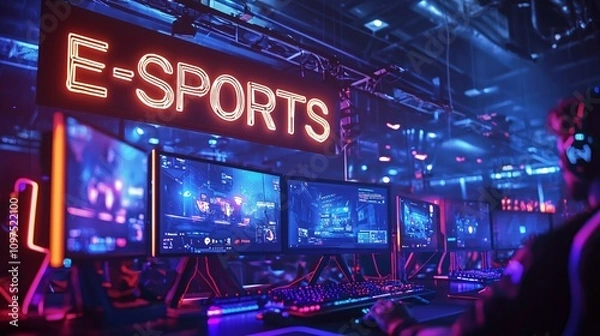Fototapeta Dynamic e-sports poster featuring intense gameplay, focused players, vibrant LED lights, and enthusiastic crowds, embodying the thrill of competitive gaming.