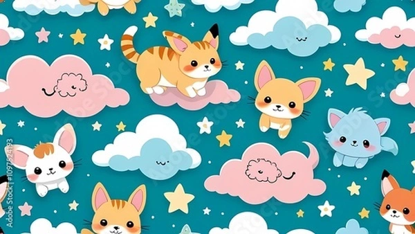 Fototapeta A soft pastel color scheme and a smooth pattern of joyful baby animals are featured in this nursery artwork.
