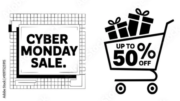 Fototapeta A promotional design set for Cyber Monday sales, featuring bold black-and-white visuals with up to 50% off details. Perfect for online stores, social media ads, email campaigns, and web banners.