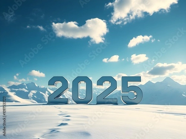 Fototapeta The word of 2025 from snow on the snow field with blue sky and mountain.
