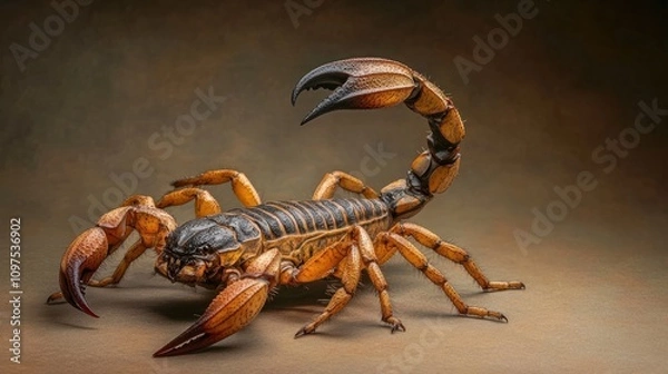 Fototapeta A full-body shot of a scorpion in a defensive pose, set against a smooth gradient studio background, with shadows accentuating its fierce form.