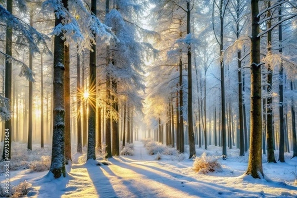Obraz sunrise in the forest A sun-drenched snowy forest with tall, snow-covered trees.