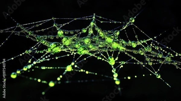 Fototapeta A vibrant green spider web adorned with dew drops, contrasting sharply against a rich black backdrop. The web's complex geometry.