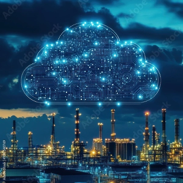 Fototapeta Cloud Computing in Industrial Setting: Night view of an oil refinery with a futuristic cloud computing network overlay.