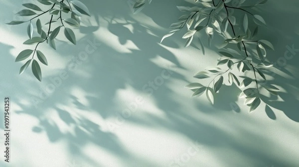 Fototapeta Soft shadows of leaves cast on a serene wall, creating a calming atmosphere.