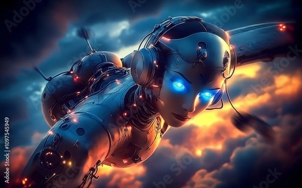 Fototapeta Futuristic Cybernetic Woman with Glowing Circuitry and Robotic Form