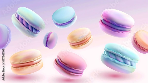 Obraz Colorful pastel macarons floating against a soft gradient background, showcasing a delightful range of vibrant hues and textures in a whimsical arrangement.