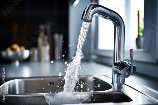 Fototapeta close up of a kitchen faucet with a strong stream of water flowing from it