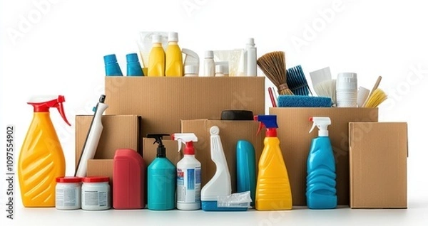 Obraz Cleaning Supplies Organized in Cardboard Boxes