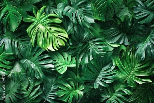 Fototapeta Green tropical leaves texture, perfect for backgrounds and digital designs, on solid white background, 