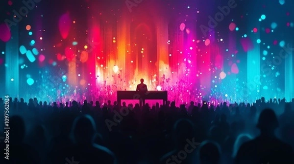 Fototapeta Vibrant concert scene with colorful lights and crowd enjoying live music performance.