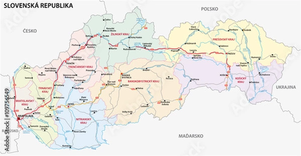 Obraz mapa drogowa i administracyjna Republiki Słowackiej w języku słowackim