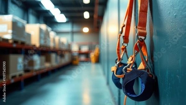Fototapeta Focused view of safety harness hanging in a neat warehouse promoting personal safety measures