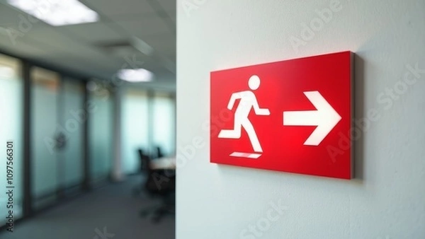 Fototapeta Illuminated emergency exit sign mounted on office wall directing to safety