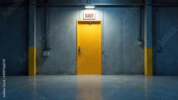Fototapeta Brightly Lit Emergency Exit Door Design with Clear Signage in a Warehouse Environment