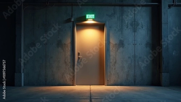 Fototapeta Emergency exit door illuminated in a warehouse, highlighting safety measures and providing ample copyspace