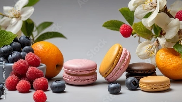 Obraz Vibrant macarons surrounded by fresh fruits like raspberries and blueberries, complemented by orange blossoms and vanilla orchids. set against a minimalist background that highlights the colors