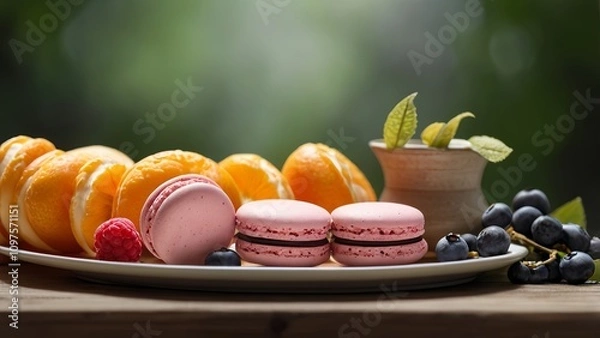 Obraz Vibrant macarons surrounded by fresh fruits like raspberries and blueberries, complemented by orange blossoms and vanilla orchids. set against a minimalist background that highlights the colors