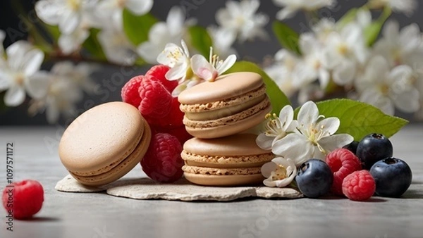Obraz Vibrant macarons surrounded by fresh fruits like raspberries and blueberries, complemented by orange blossoms and vanilla orchids. set against a minimalist background that highlights the colors