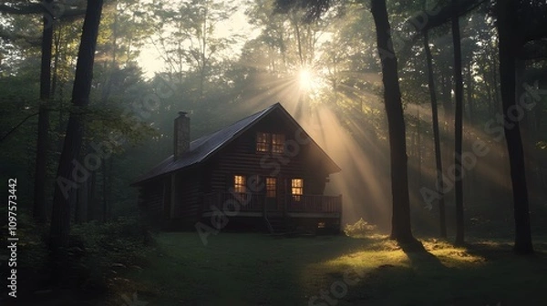 Fototapeta A cozy log cabin in a misty forest with sunlight streaming through the trees.