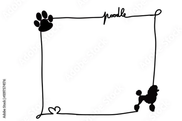 Fototapeta Hand-drawn square frame with decorative elements on its border, including a heart, a poodle silhouette, and a paw print