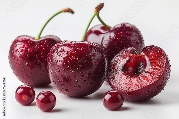 Obraz A close up of four cherries with one of them cut open