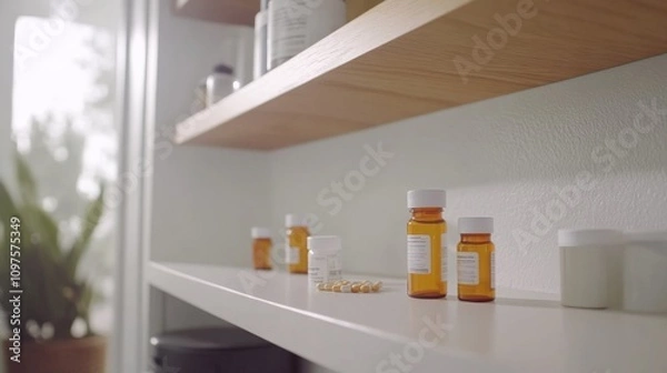 Obraz Empty medicine cabinet shelves reveal a life free from dependency, symbolizing health and self-reliance. Emptiness as a sign of wellness and proactive lifestyle choices.