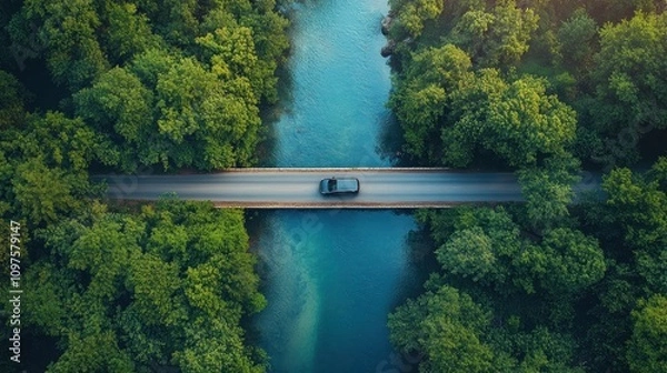 Obraz Aerial View of a Car Driving Across a Bridge Over a River in a Lush Forest