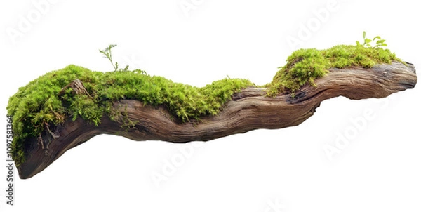 Fototapeta green mossy tree branch log isolated in transparent background. cut out