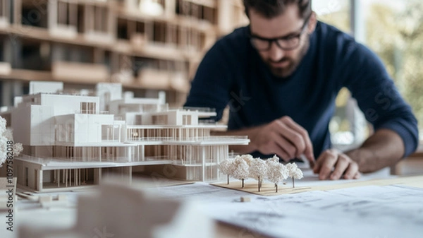 Fototapeta Architect Working on Detailed Building Model in Studio