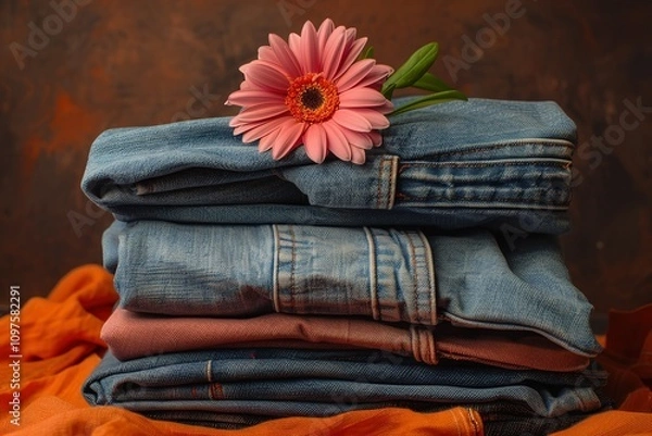Obraz A pile of jeans with a pink flower on top