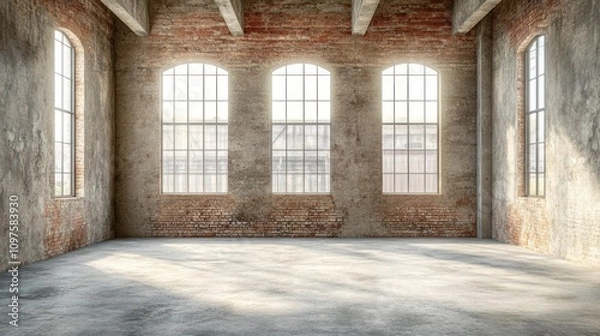 Fototapeta Sunlit Industrial Loft: A Spacious Brick Interior with Large Windows