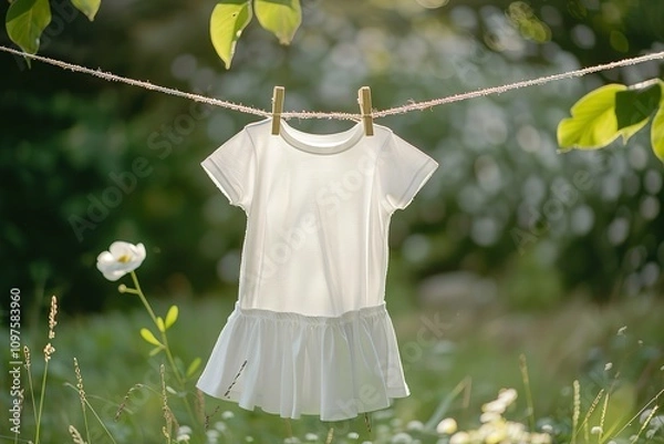Obraz A white baby's dress is hanging on a clothesline in a field of flowers