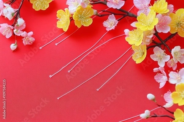 Obraz Red Background with Cherry Blossoms and Yellow Flowers for Celebration and Festival