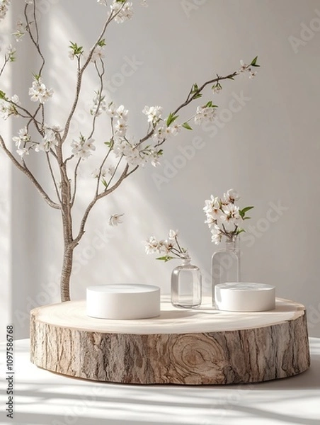 Fototapeta Minimal modern product display on white background. Wood slice podium and spring brunches.