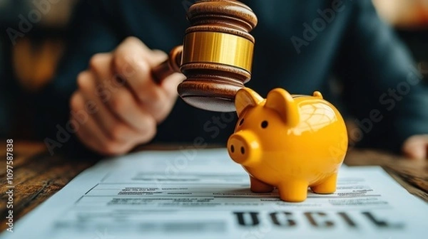 Obraz Financial Judgement: Gavel and Piggy Bank on Legal Documents