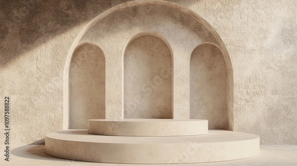 Fototapeta A minimalist architectural design featuring smooth, sculptural forms and arches in a serene environment.