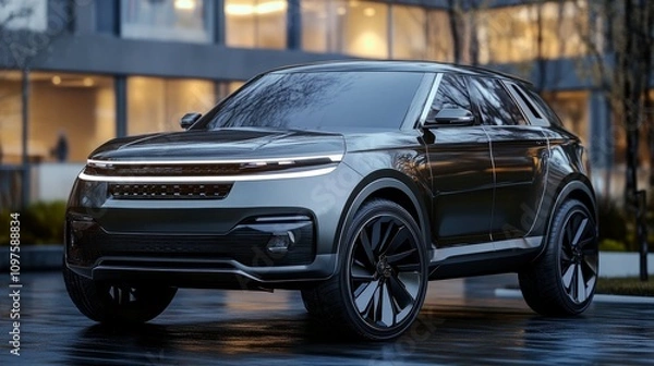 Fototapeta Front angle of a four-wheel SUV mockup with transparent features, focusing on its grille and headlights