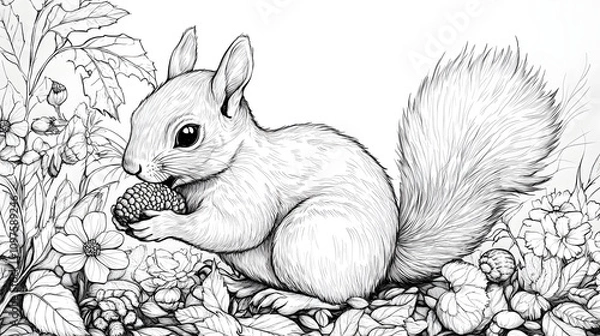 Fototapeta black-and-white illustration of a squirrel sitting among intricate forest foliage, holding a nut. Ideal for coloring books, nature-themed projects, and educational materials.