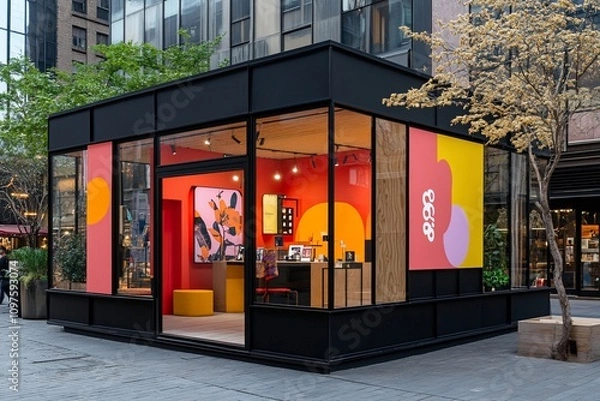Obraz Modern pop-up shop with vibrant design and glass walls.