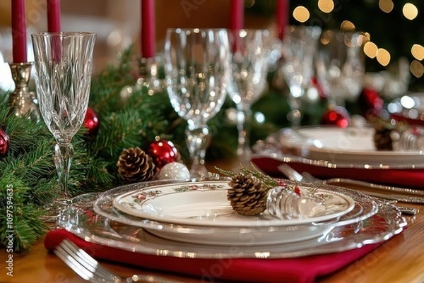 Fototapeta Elegant Christmas Table Setting with Silverware and Pine Cones