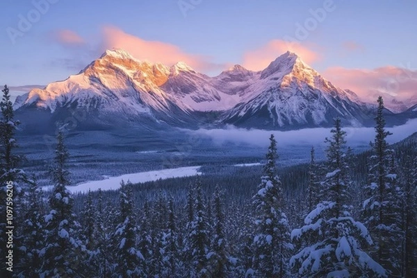 Fototapeta Snowy Mountain Range at Sunrise with Fog